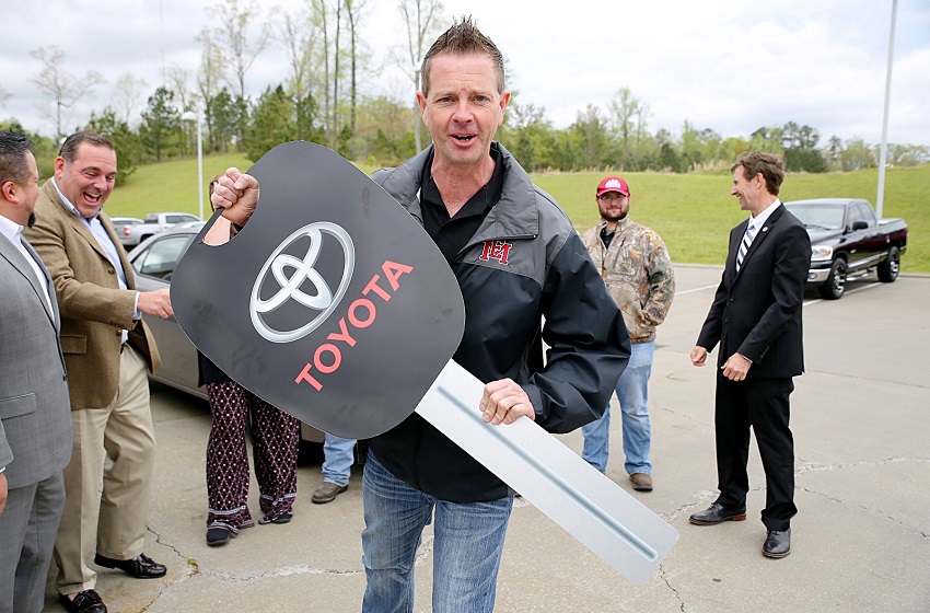 East Mississippi Community College Automotive Technology/Diesel Mechanics Department Head Dale Henry celebrates last April after being presented a ceremonial key by officials from Carl Hogan Toyota, who donated two Corollas to the college’s automotive program. Henry has been named the Byrl Shoemaker/ASE Industry Education Alliance Instructor of the Year.